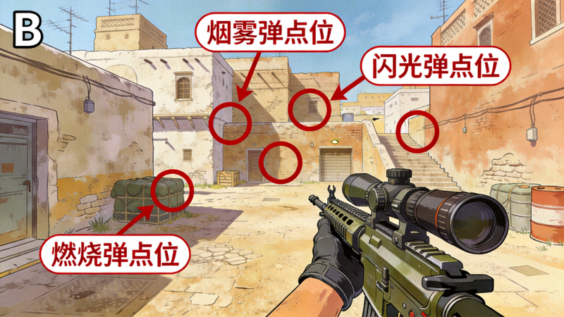 CSGO 沙漠二地图 B 点进攻投掷物点位示意，选手手持步枪架枪的高清画面