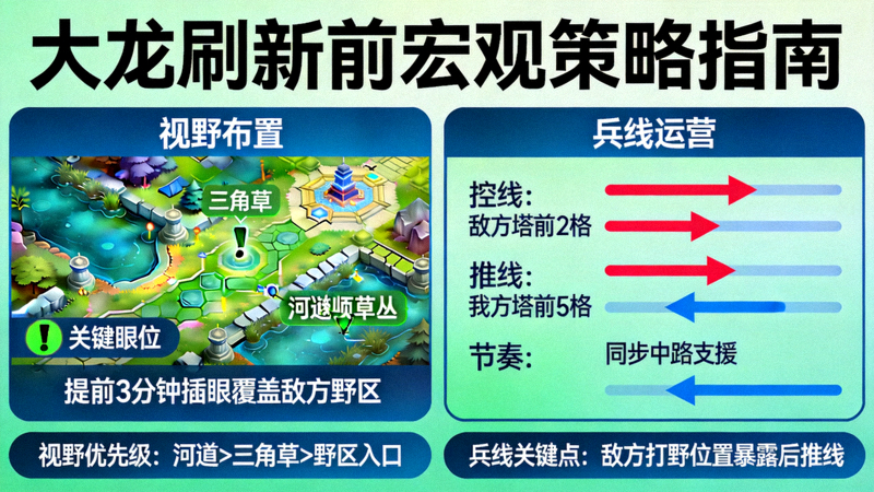 宏观策略指南图解，展示大龙刷新前的视野布置与兵线运营思路