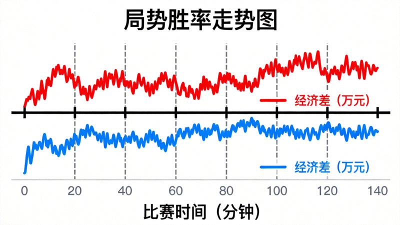 局势胜率走势图分析界面，展示比赛时间轴与双方经济差变化曲线