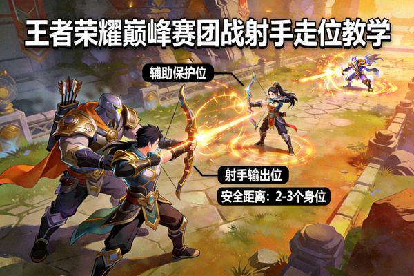 王者荣耀巅峰赛团战走位教学画面，展示射手在辅助保护下的输出站位
